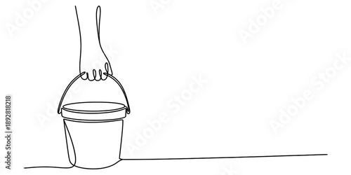 A minimalist continuous single line art drawing of a hand holding a plastic bucket with a handle Vector, illustration