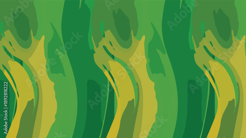 A vibrant horizontal pattern displays organic flowing shapes in various shades of green and yellow colors