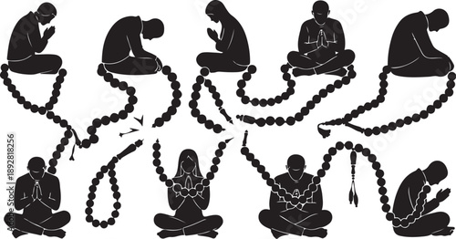 Silhouette of people meditating with prayer beads in various positions