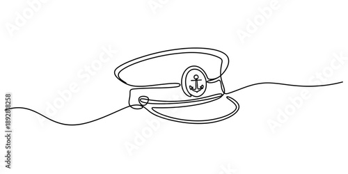 Continuous line drawing of a sailor's hat or captain's cap with an anchor symbol Vector, illustration