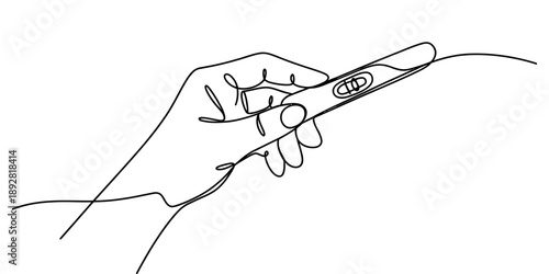 Continuous line drawing of a hand holding a positive pregnancy test, representing fertility and new beginnings Vector, illustration