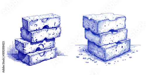 Vintage sketch of blue ink bricks stacked for Labor Day  