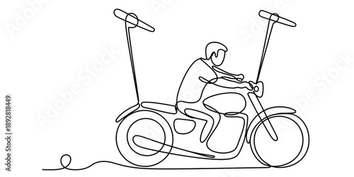 Minimalist single line art drawing of a man riding a motorcycle with tall handlebars Vector, illustration