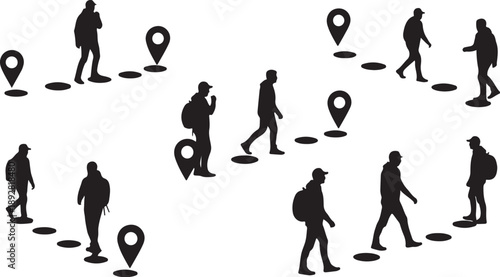 Silhouettes of people walking with location markers on paths