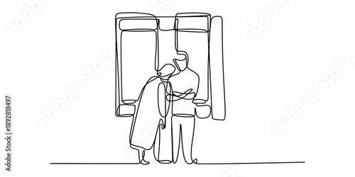 A continuous line art illustration showing two people sharing an intimate moment of support or comfort. Vector, illustration