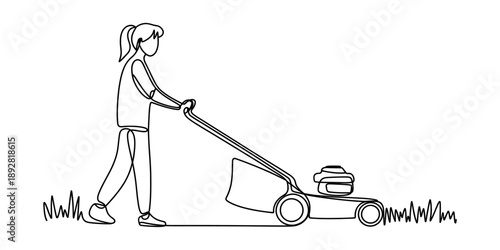 A person pushing a lawn mower in a continuous single line art drawing style Vector, illustration