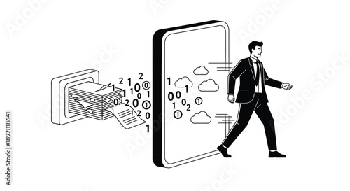 Businessman steps into smartphone cloud computing data transfer illustration