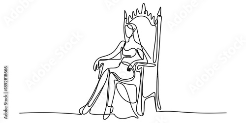 Elegant single line drawing of a queen sitting majestically on her throne Vector, illustration