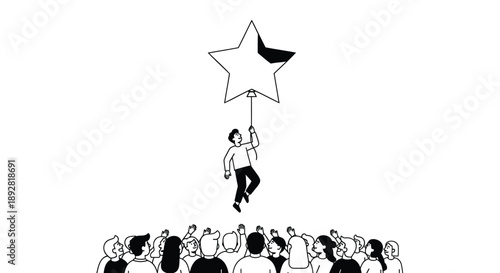 Man reaching for star above crowd symbolizing aspiration and success in business and personal growth
