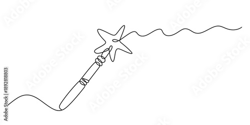 A continuous one-line drawing illustrating a magic wand with a star and a flowing line Vector, illustration