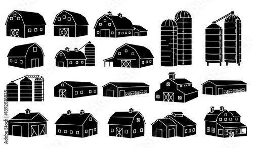 Barn and farm building silhouette vector set rural agriculture