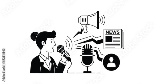 Woman journalist broadcasting news with microphone and megaphone representing media and communication in a simple black and white illustration