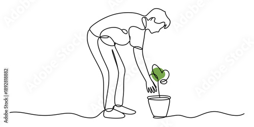 A person nurturing a small potted plant in a continuous line art drawing style Vector, illustration