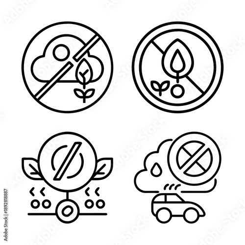 No Environment Pollution Warning Icon Set- Minimal outline prohibition icons showing no pollution, no emissions, and environmental protection symbols, ideal for eco awareness and sustainability 