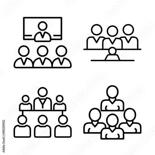 Pictograms showing business meeting configurations, including remote video conferencing, and team structures