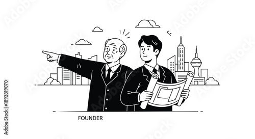 Business founders discussing plans and strategies with a cityscape background illustration