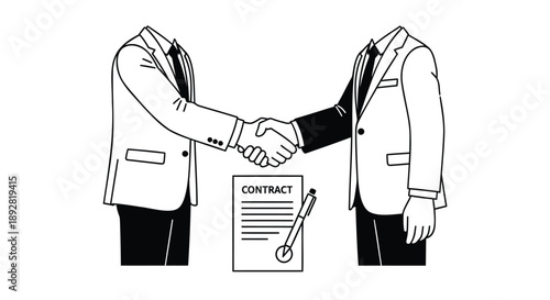 Two businessmen shaking hands over a contract agreement with a pen on a formal document