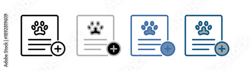 
Pet report icon set multiple style collection with document, animal and plus sign design