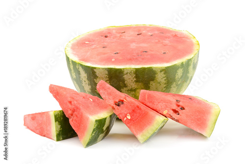 Fresh Juicy Watermelon Half with Sliced Wedges Isolated on White Background for Healthy Summer Snacking