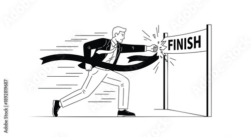 Businessman crossing finish line with ribbon achieving success and victory in a competitive race