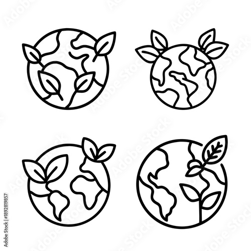 Various line art icons representing planet Earth with leaves, nature and ecology