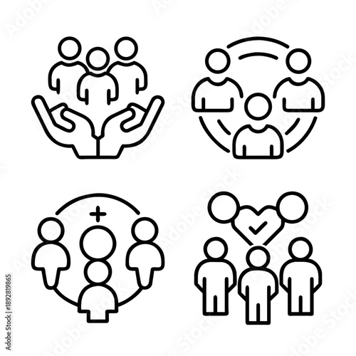 Various icons depicting teamwork, community, health, and connections in monochrome line art