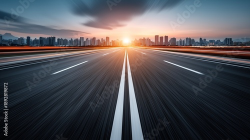 High speed highway with motion blur and city skyline background at sunset featuring light trails on asphalt