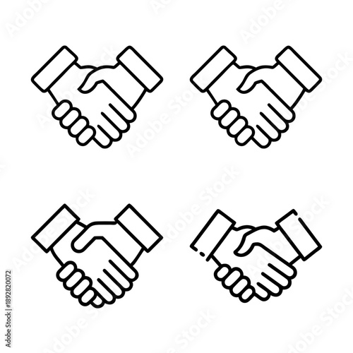 Four Handshake Icons Representing Partnership, Agreement, and Collaboration, on White Background