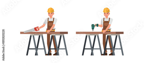 Male carpenter character vector illustration design set.