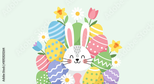 Festive Easter Bunny Surrounded by Colorful Decorated Eggs and Spring Flowers.