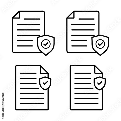 Secure Document Verification Icon Set- Minimal line icons of protected documents with shield check marks, symbolizing file security, approval, data protection, and verified digital paperwork