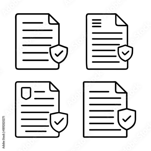 Secure document icon set showing document security with shield and checkmark