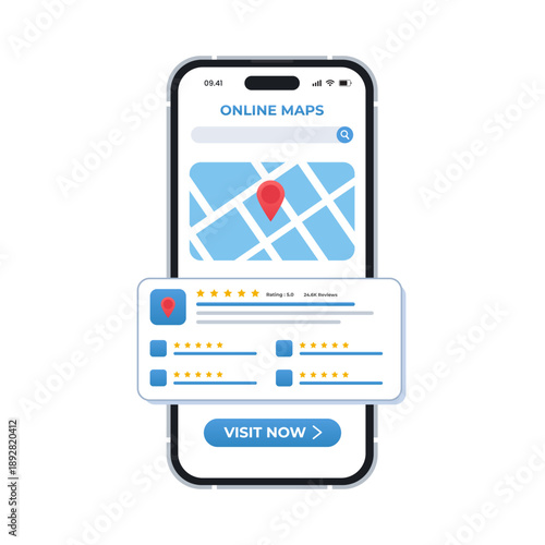 Smartphone with GPS map, location pin markers, and customer rating icons. Vector illustration.