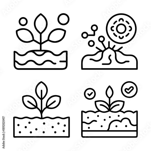 Plant Growth and Soil Care Icons- Line icons showing seedlings growing in soil with water, sunlight, and care symbols, representing gardening, agriculture, and plant health concepts