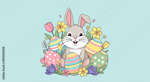 Charming Easter Bunny Surrounded by Decorated Eggs and Spring Flowers.