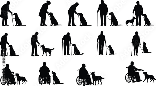 Elderly and disabled people with guide dogs silhouettes set assistance support mobility concept black white vector illustration collection