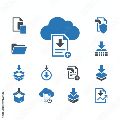 Modern set of digital data management vector icons, featuring cloud storage, file download, upload, secure transfer, and data processing operations