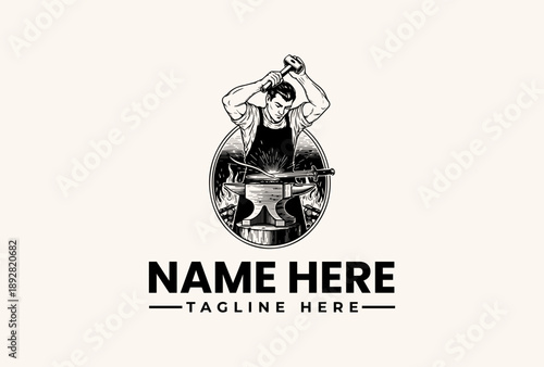 Black and white illustration of a man hammering an anvil with a skull, surrounded by a circle, with a bold tagline and placeholder text on a clean background.