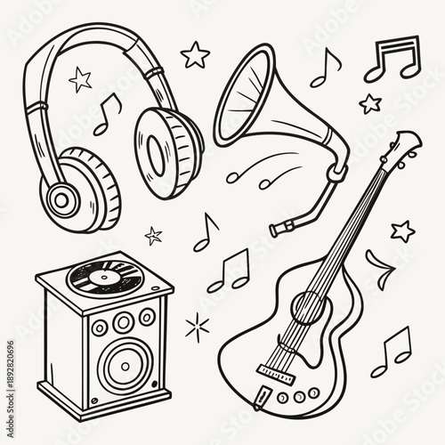 Hand-drawn music doodle set featuring headphones, notes, and guitar, perfect for music lovers, events, and creative branding.