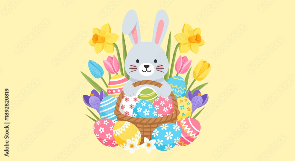 Obraz premium Easter Bunny with Basket of Eggs and Spring Flowers.