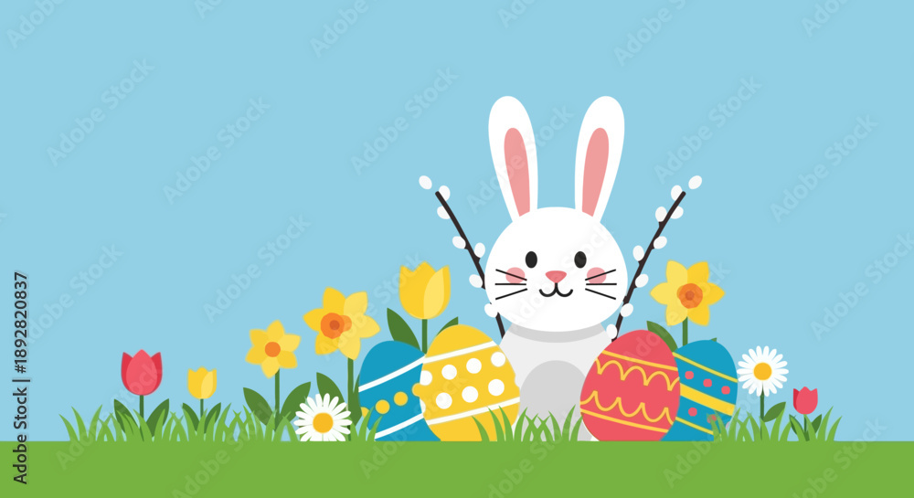 Fototapeta premium Easter Bunny with Eggs and Flowers in a Spring Landscape.