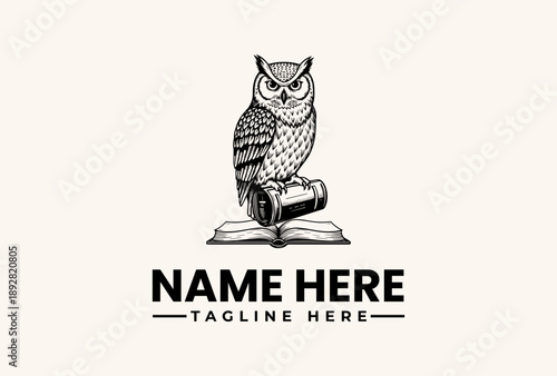 A black and white illustration of an owl sitting on an open book with a placeholder text for a name and tagline against a plain background, featuring a logo and vector design.