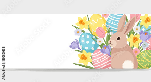 Easter Bunny with Eggs and Flowers Banner Design.