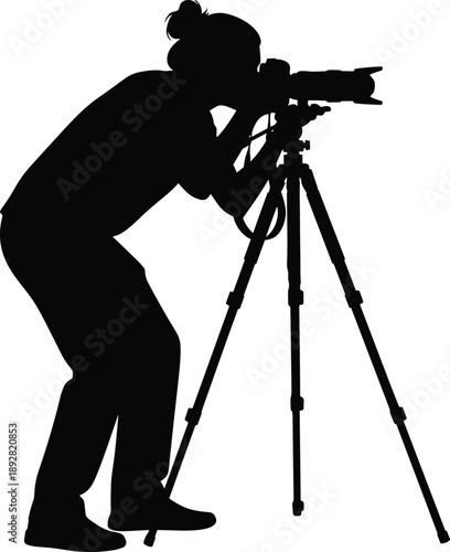 Professional photographer silhouette using camera on tripod creative photography concept black white vector illustration isolated minimal design