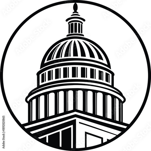 Black and white illustration of the us capitol building in a circle