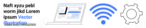 Laptop displaying a webpage, blue wireless signal icon, and a gear cog symbolizing connectivity, innovation, automation, digital tools, modern development, settings, and a simple landing page