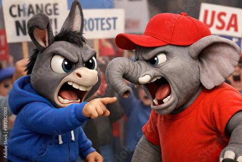 Cartoon American Democrat Donkey and Republican Elephant Characters Fighting in a Crowd. United States Political Cartoon