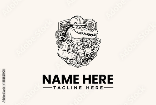 Black and white illustration of a dinosaur wearing a hat, surrounded by gears and icons, with a placeholder text for a name and tagline on a plain background.