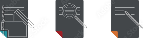 Colored school paper with a magnifying glass, test tube, and pencil. Office paper with important documents, sheets of paper with text, assets, and finances, an accounting report, and vector web icons.