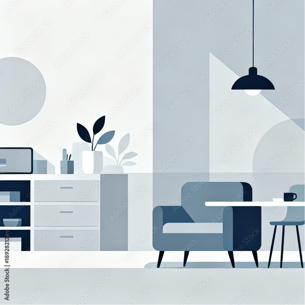 Fototapeta premium Clean graphic symbolizing routine and simplicity, with ordered, geometric office shapes, flat design, cold neutral tones.eps